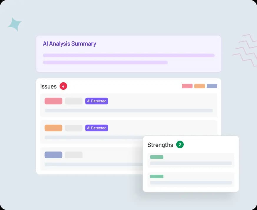 AI code review interface showing analysis summary, issues detected, and accessibility strengths